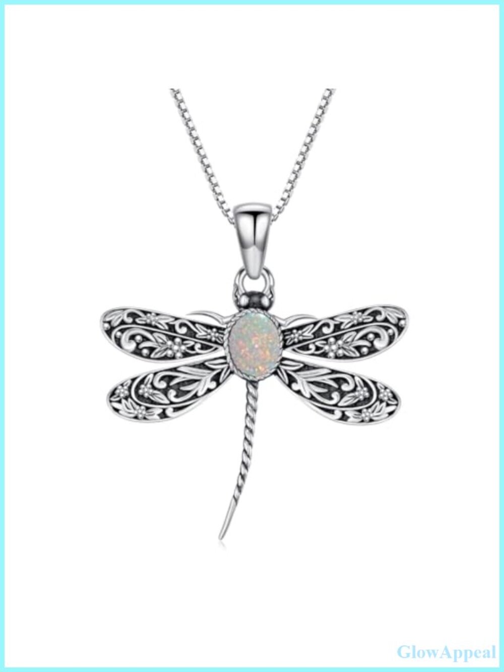 925 Sterling Silver Dragonfly Necklace Oval White Opal Pendant Boho Jewelry